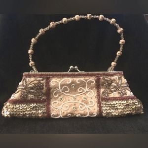 Clutch Handbag Gold Sequin Beaded Satin Purse Italian Inspired Maroon Pink Glam